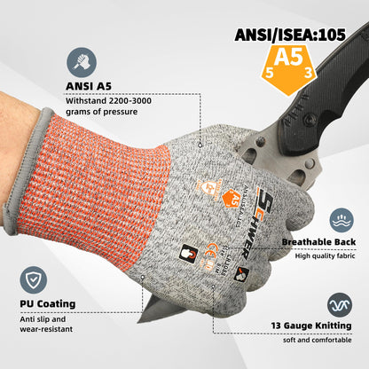 ANSI A5 Cut Resistant Gloves 13G PU Rough Coated CR3088