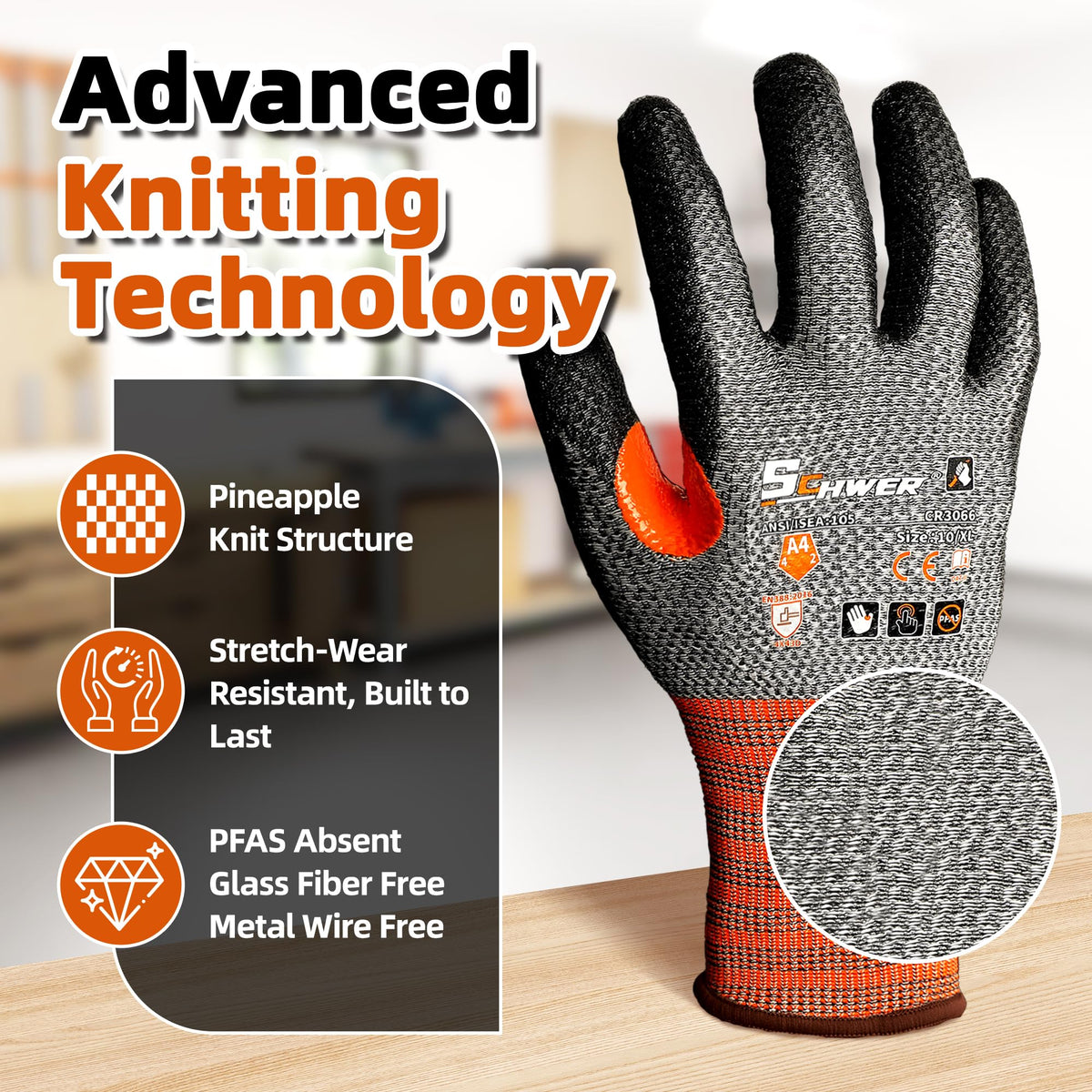Schwer Cut Resistant Gloves, ANSI A4, PU Grip, Touchscreen, 12Pairs,CR3066 - product image 2