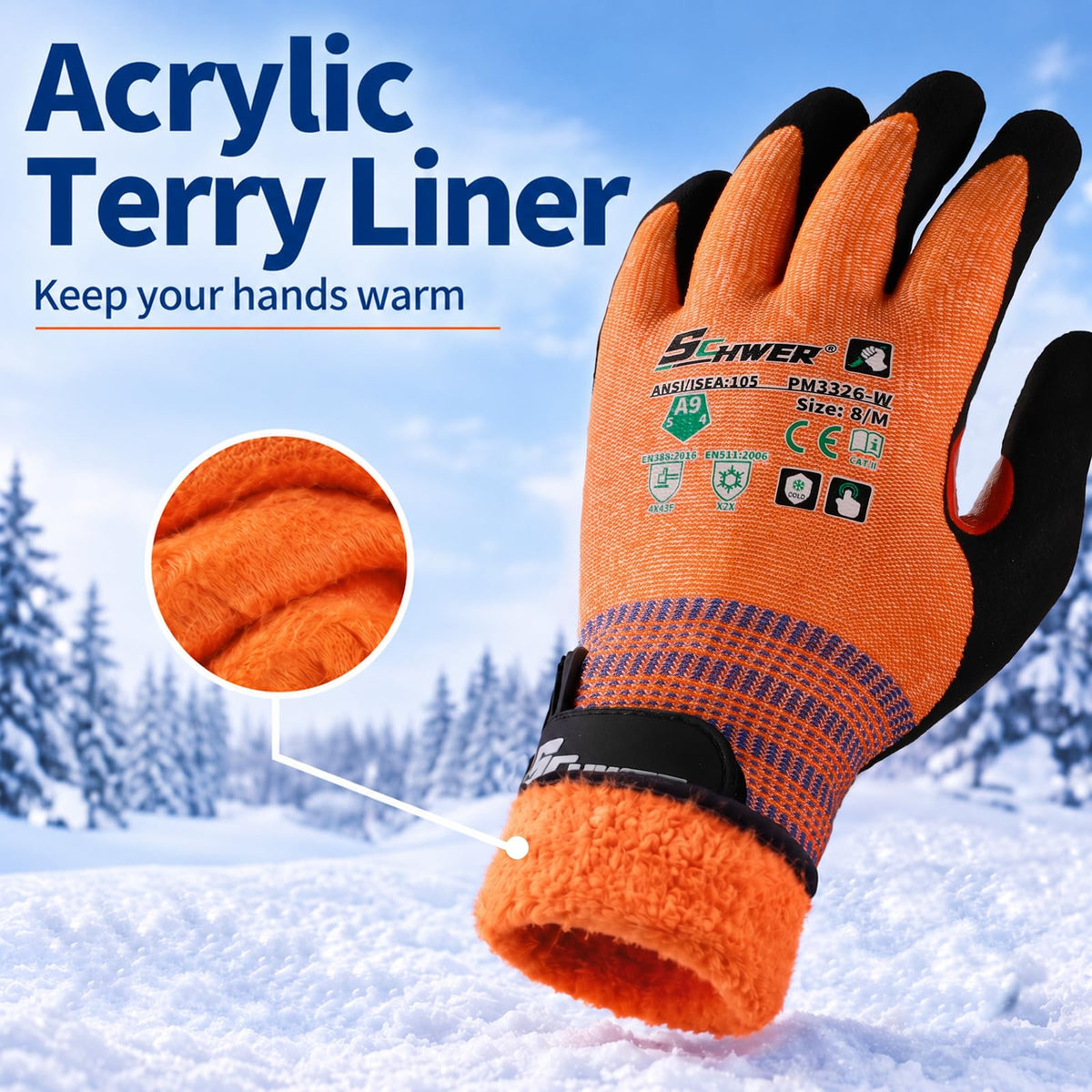 Schwer Winter Cut Resistant Gloves | ANSI A9, Nitrile Grip, Touchscreen, PM3326-W