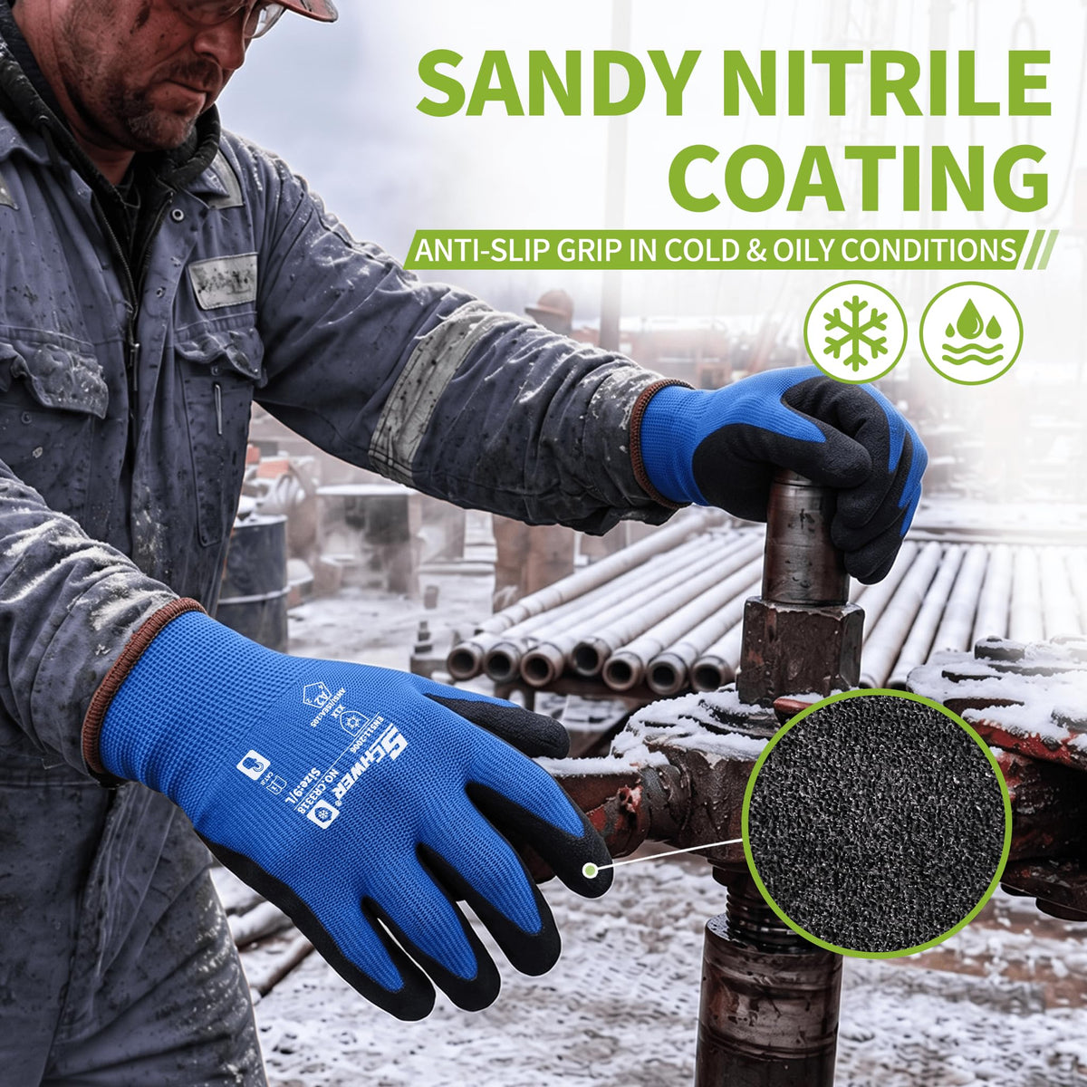 Schwer Winter Work Gloves | Sandy Nitrile Grip, Fleece Lined, 2 Pairs, CR3318