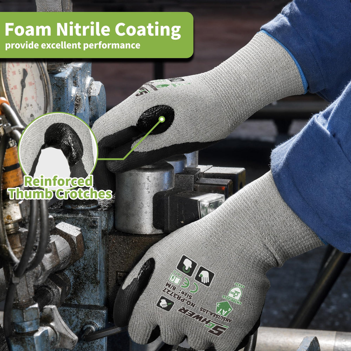 Microfoam nitrile palm grip on Schwer PR3727 work gloves