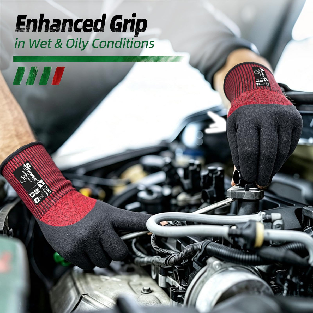 Schwer Safety Work Gloves | Level 6 Abrasion,3/4-Dip Sandy Nitrile,Wet & Oily Grip,Touchscreen, 6Pairs, LT5613