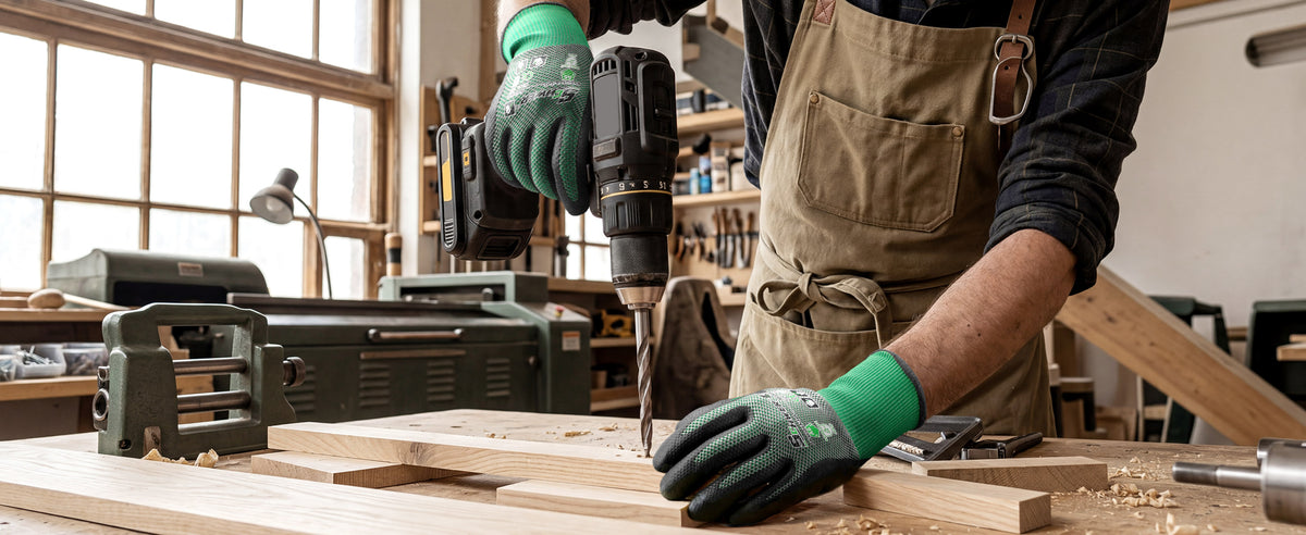 Cut-resistant Schwer gloves used with a circular saw in a workshop