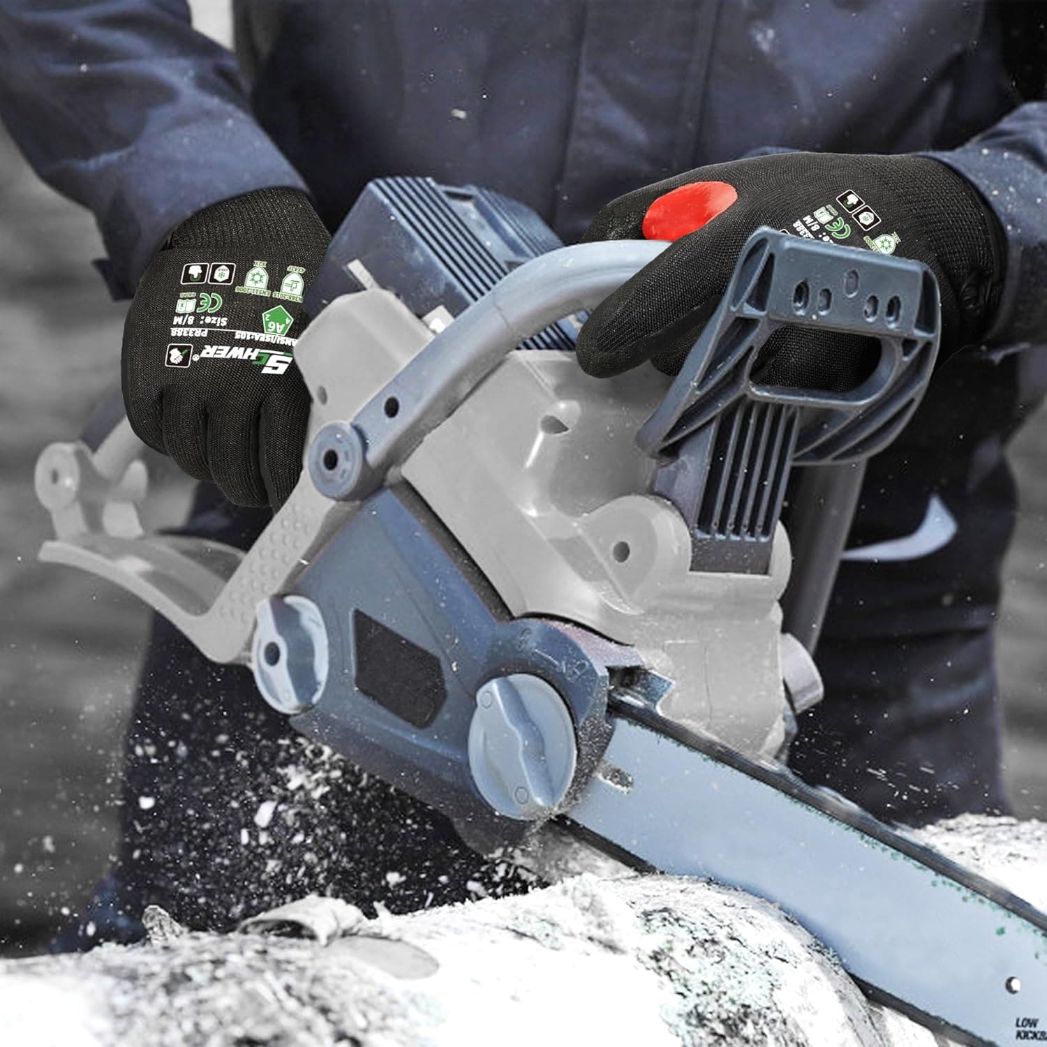 Person using a blue-gray chainsaw wearing black SCHWER work gloves cutting a log outdoors