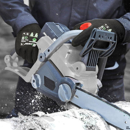 Person using a blue-gray chainsaw wearing black SCHWER work gloves cutting a log outdoors
