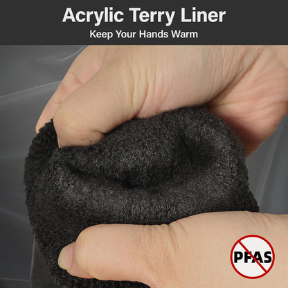 Close-up of hands squeezing soft black acrylic terry liner fabric to keep hands warm, PFAS free