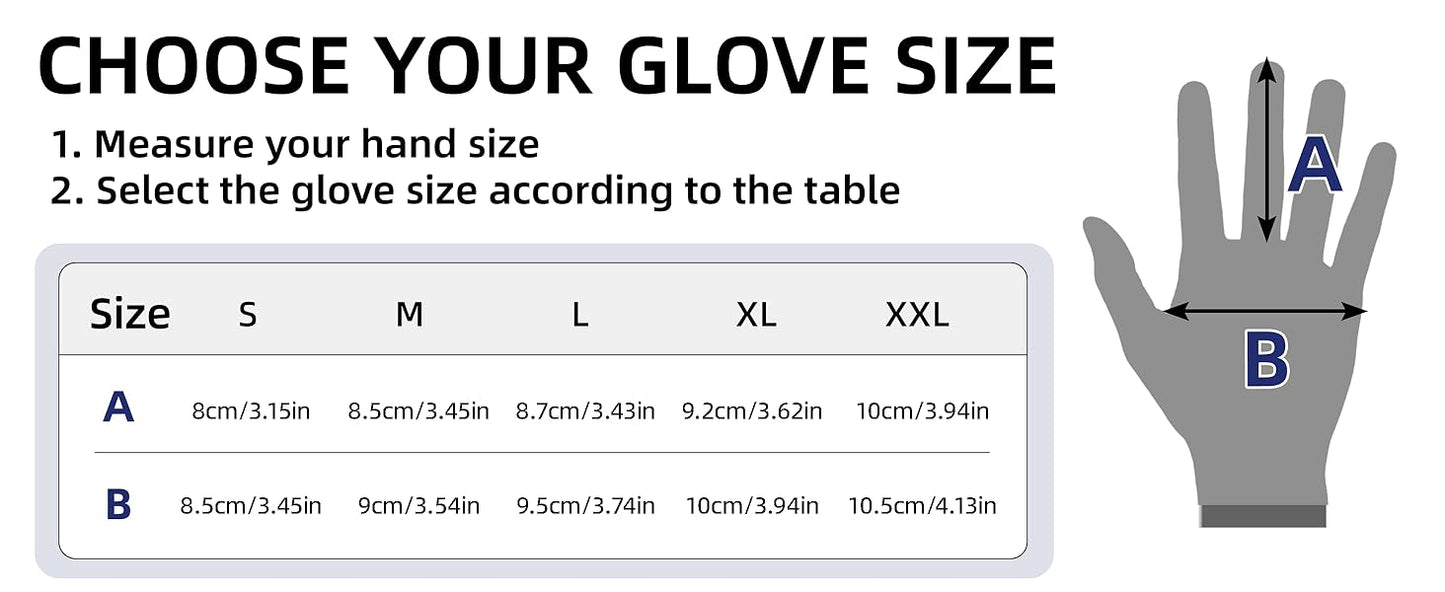 Glove size chart showing hand measurement guidelines and size conversions for M to XXL gloves