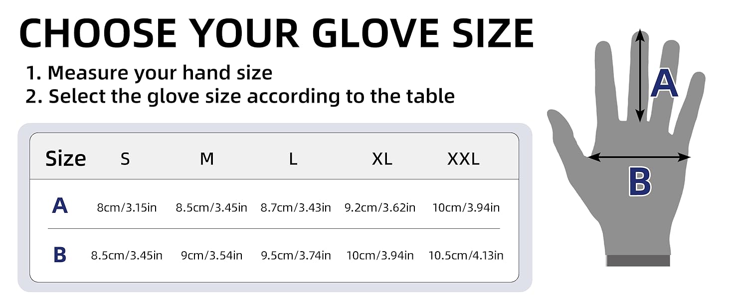 Glove size chart showing hand measurement guidelines and size conversions for M to XXL gloves