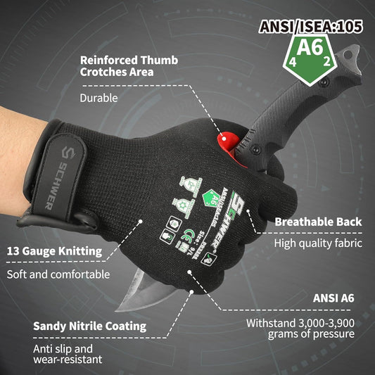 Black ANSI A6 cut-resistant work glove with reinforced thumb, breathable back, foam nitrile coating, holding a knife