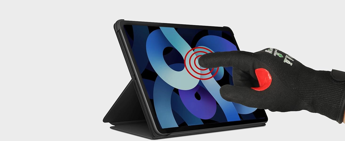 Hand wearing a black glove with a red circle pointing to a screen on a tablet device.