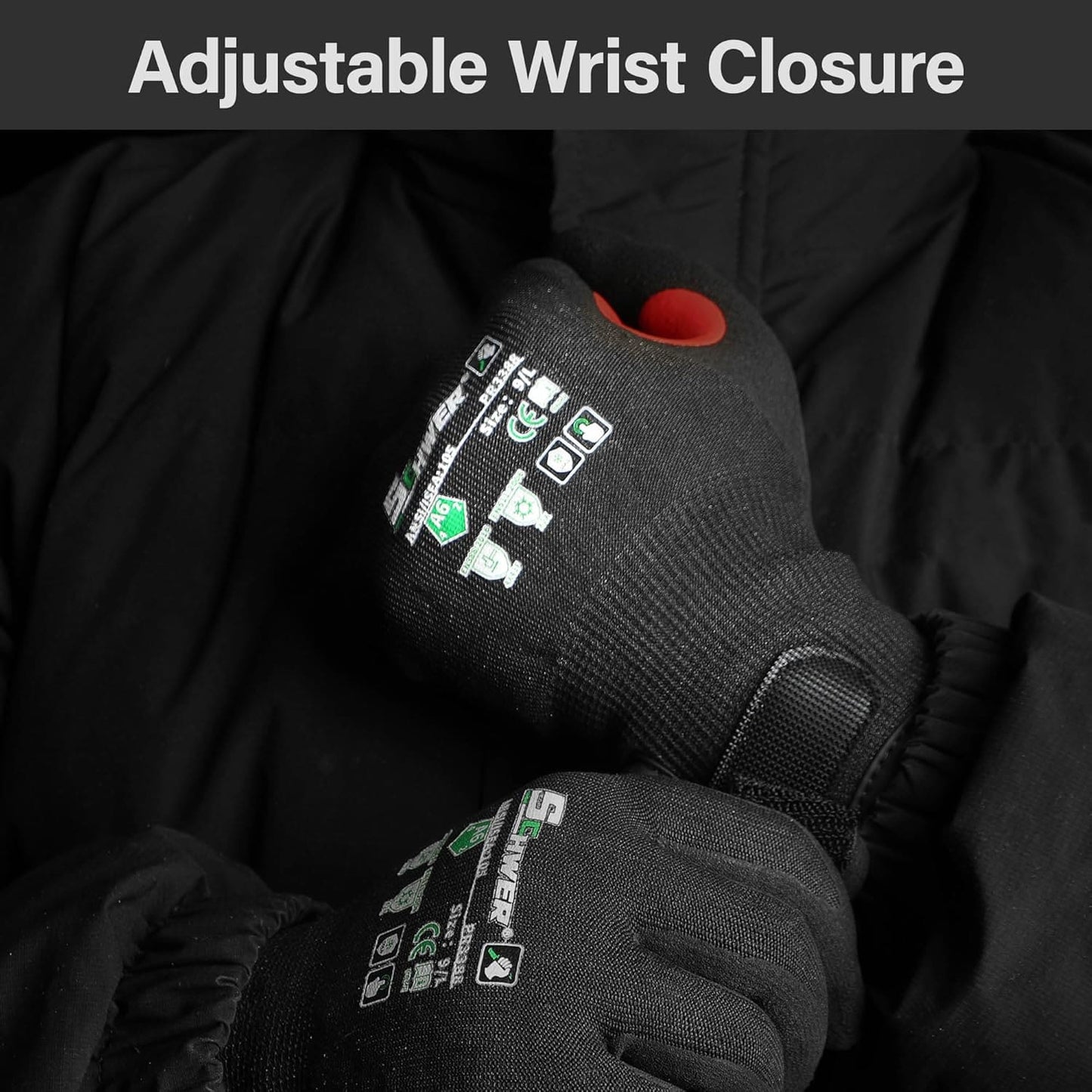 Black Schwer PR3388 A6 cut-resistant winter work gloves with adjustable wrist closure