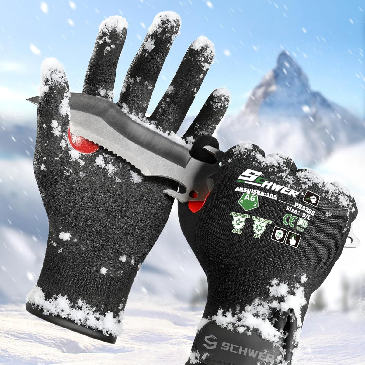 Black SCHWER PR3388 winter work gloves, size 9/L, cut-resistant A6, holding knife in snowy mountain setting