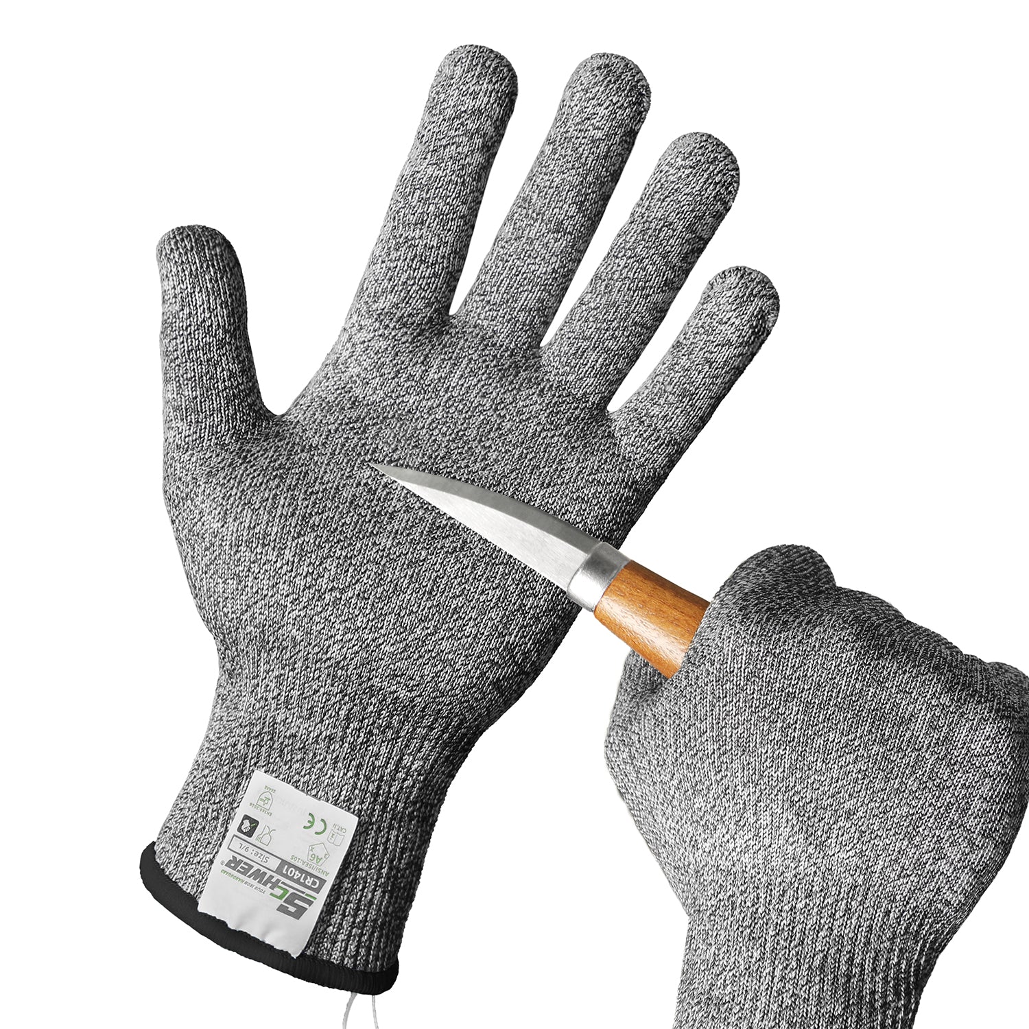 Gray cut-resistant gloves with a knife on a white background