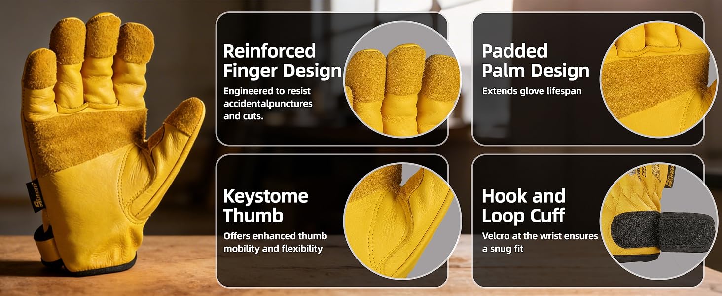 Yellow work glove with features highlighted on a wooden surface