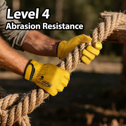 Yellow cut resistant gloves gripping a thick rope outdoors, Level 4 abrasion resistance.