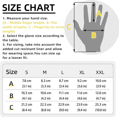 Cut resistant glove size chart with hand measurement guide and sizing table for PPE gloves.