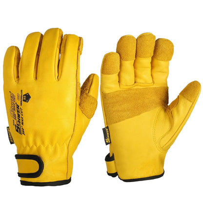 Pair of yellow gloves with black accents on a white background