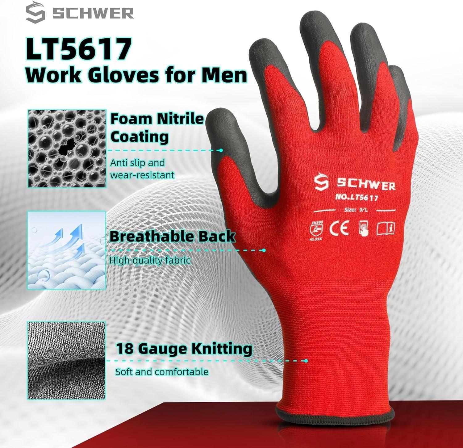 Red work glove with black foam nitrile coating, breathable back, and 18 gauge knitting.