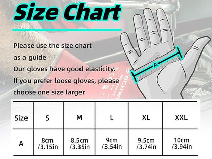 gloves size chart with hand measurement guide and size options S to XXL