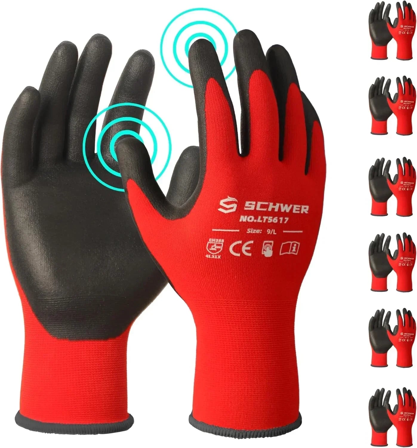 Red and black gloves with Schwer branding on a white background
