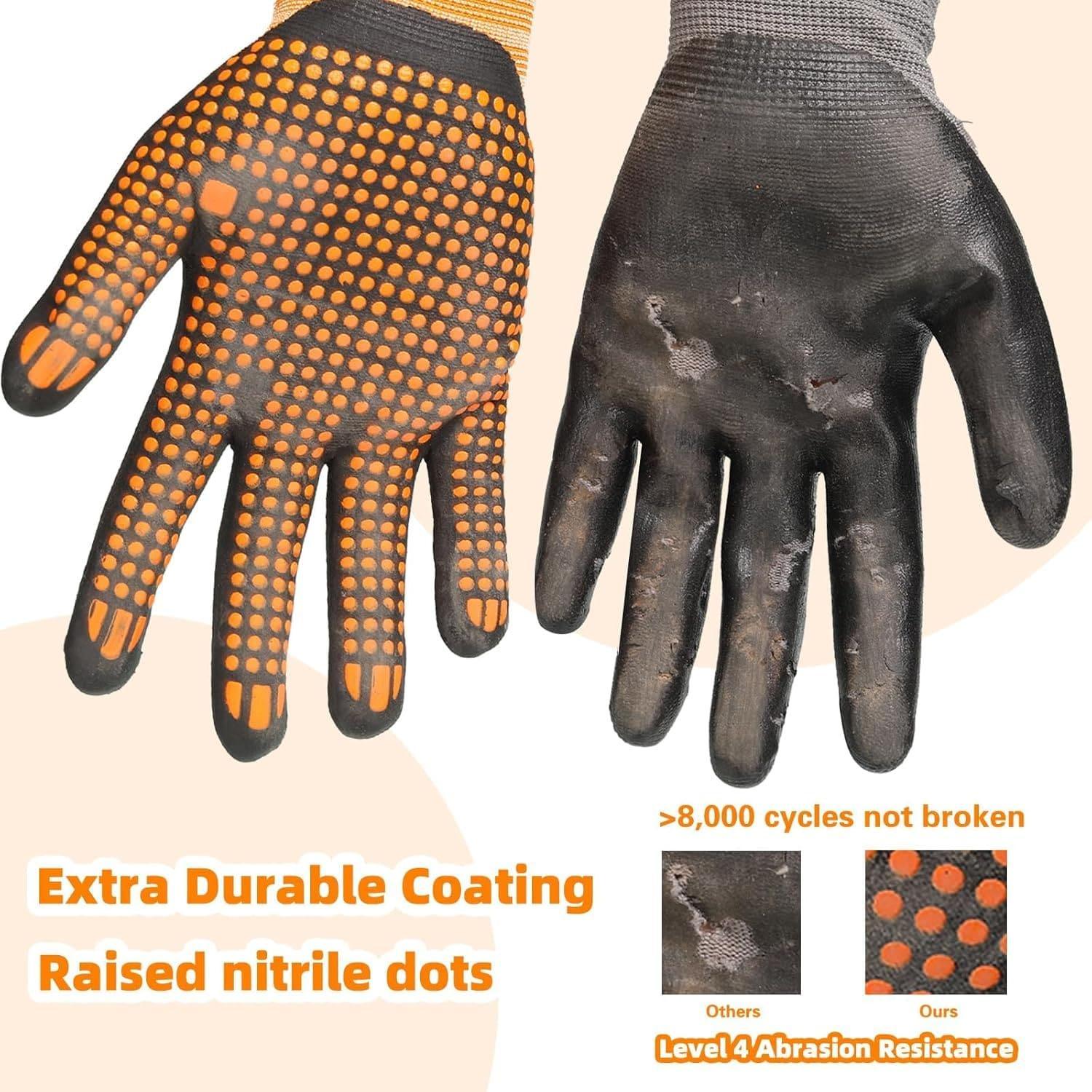 Pair of gloves with raised nitrile dots on a beige background