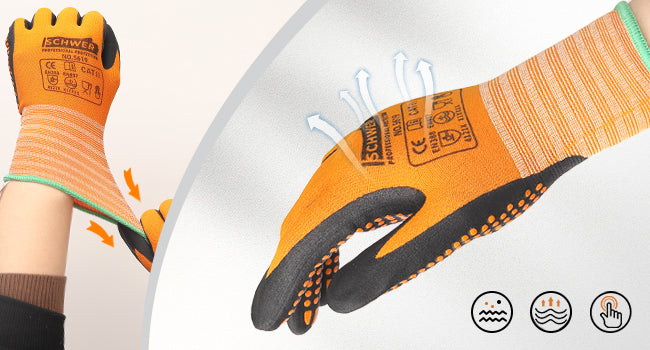 Orange gardening gloves with black accents on a white background