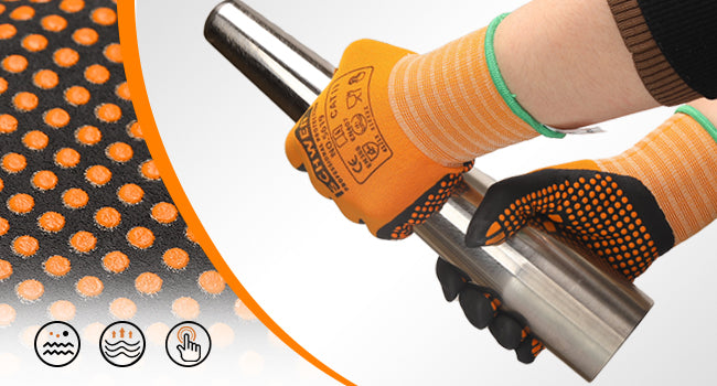 Person wearing orange gloves holding a metal tool against a textured orange and gray background