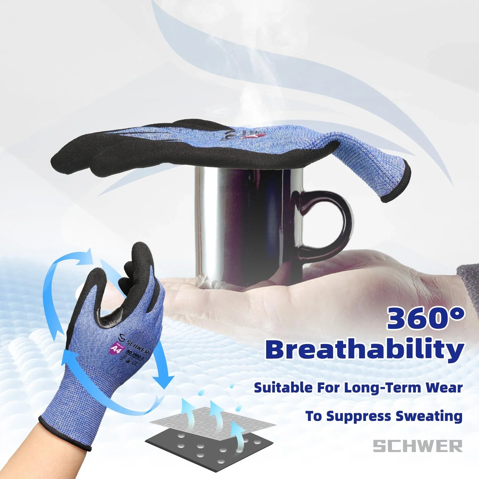 Blue and black breathable protective work gloves with arrows showing 360° ventilation and sweat suppression