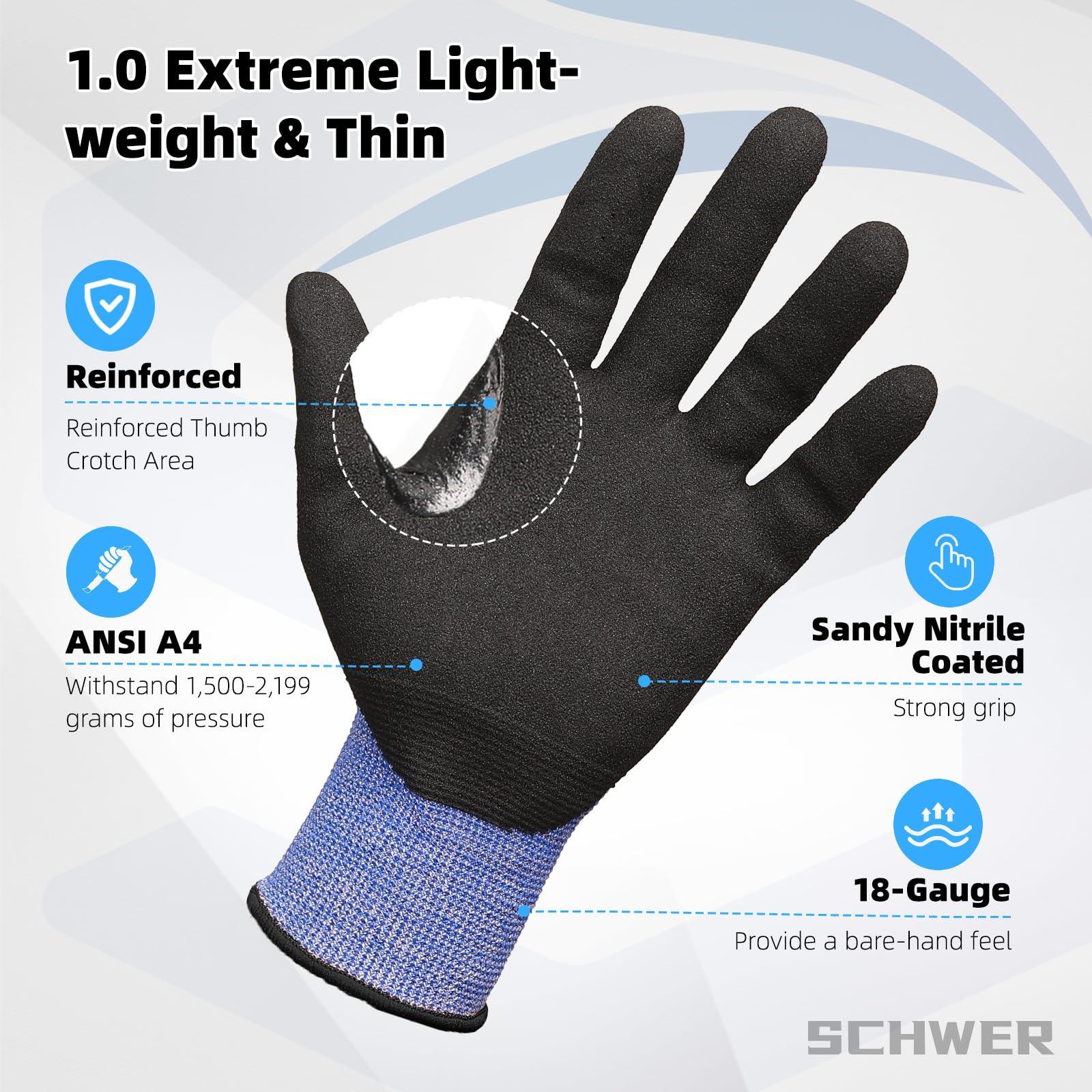Lightweight black safety glove with reinforced thumb and sandy nitrile coating, 18-gauge knit wrist