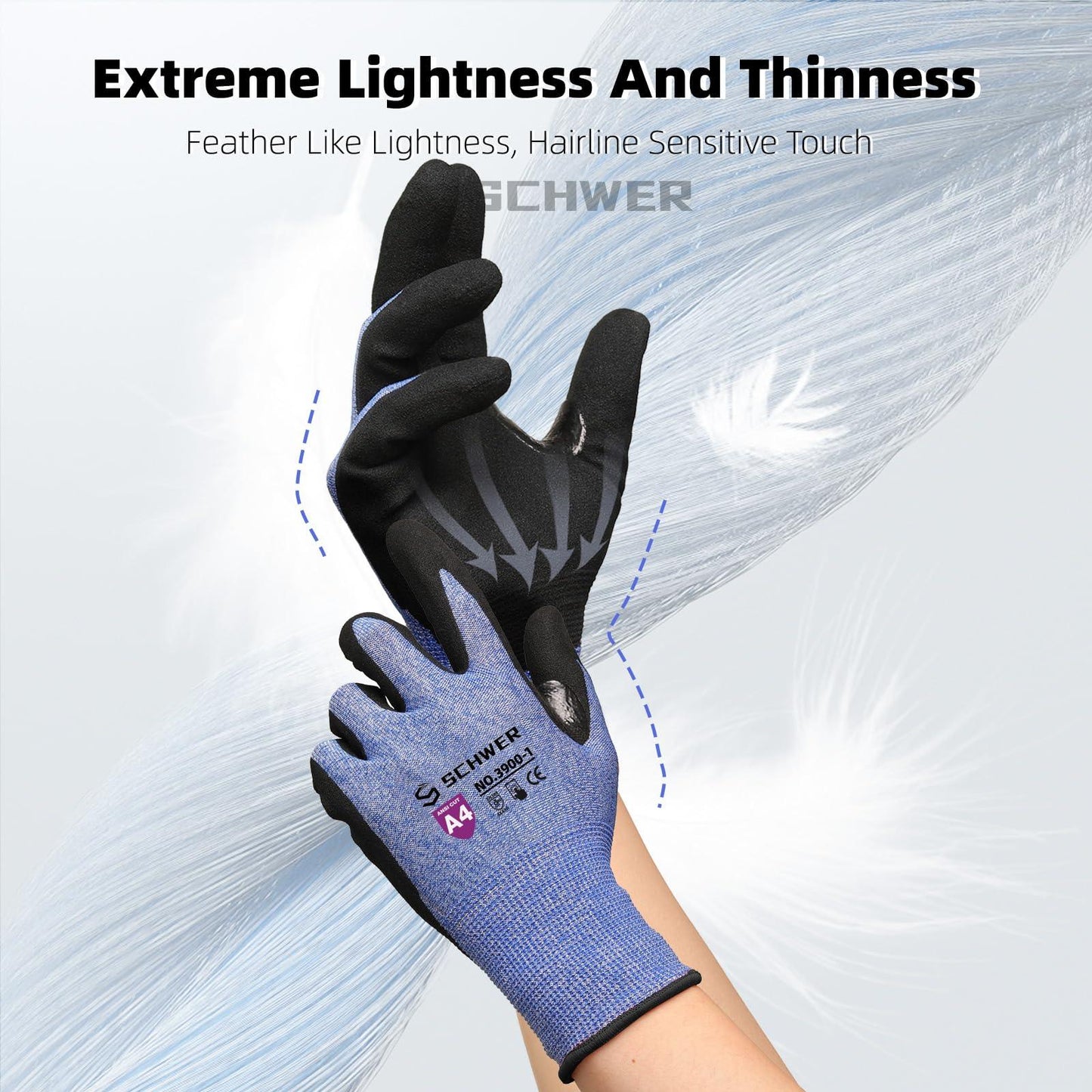 Pair of black and blue Schwer cut-resistant gloves with feather background highlighting lightness and thinness