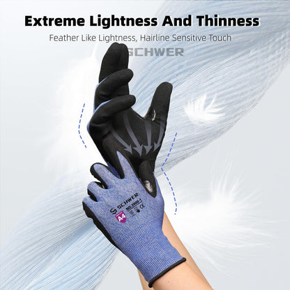 Pair of black and blue Schwer cut-resistant gloves with feather background highlighting lightness and thinness