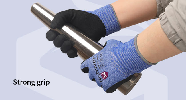 Person wearing blue gloves with text 'Strong grip' holding a metal rod.