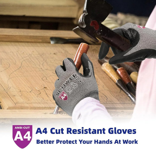 Hands wearing A4 cut resistant gloves using hammer and chisel on wood carving