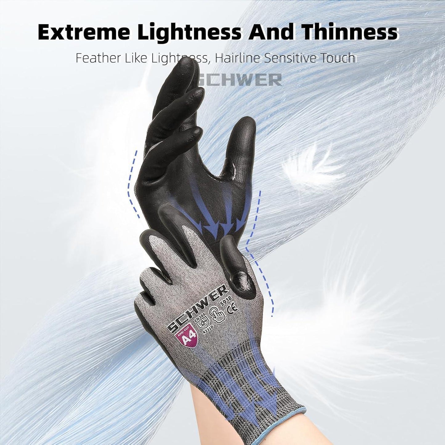 Pair of lightweight, thin SCHWER protective gloves with anti-cut A4 rating and feather background
