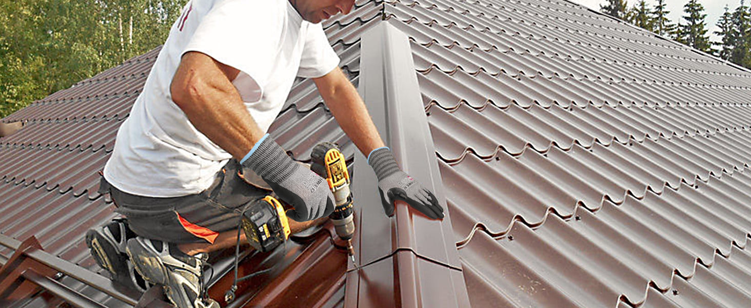 Person working on a roof with tools, wearing gloves and a white shirt.