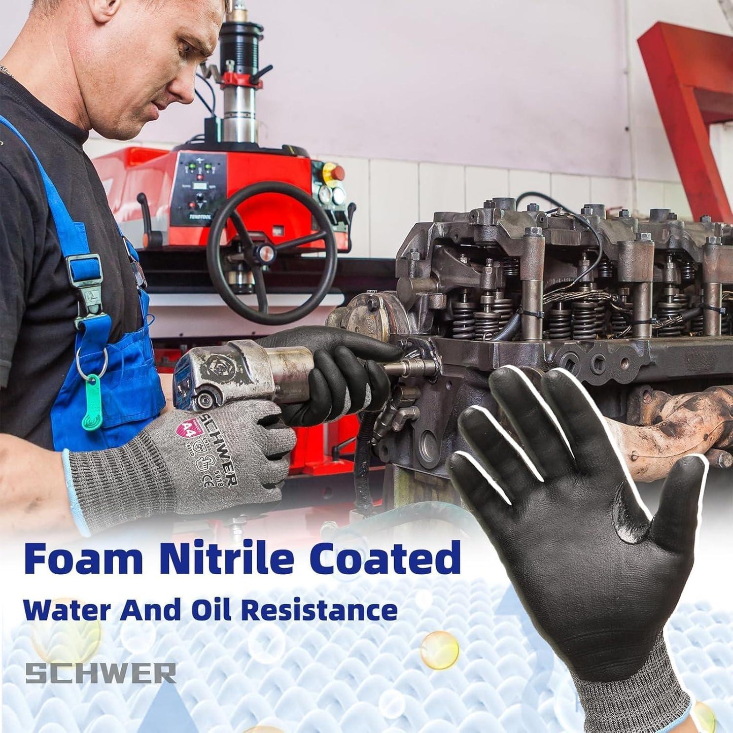 Mechanic using foam nitrile coated gloves for water and oil resistant protection while repairing engine