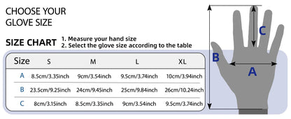 Glove size chart with hand illustration and measurement guide