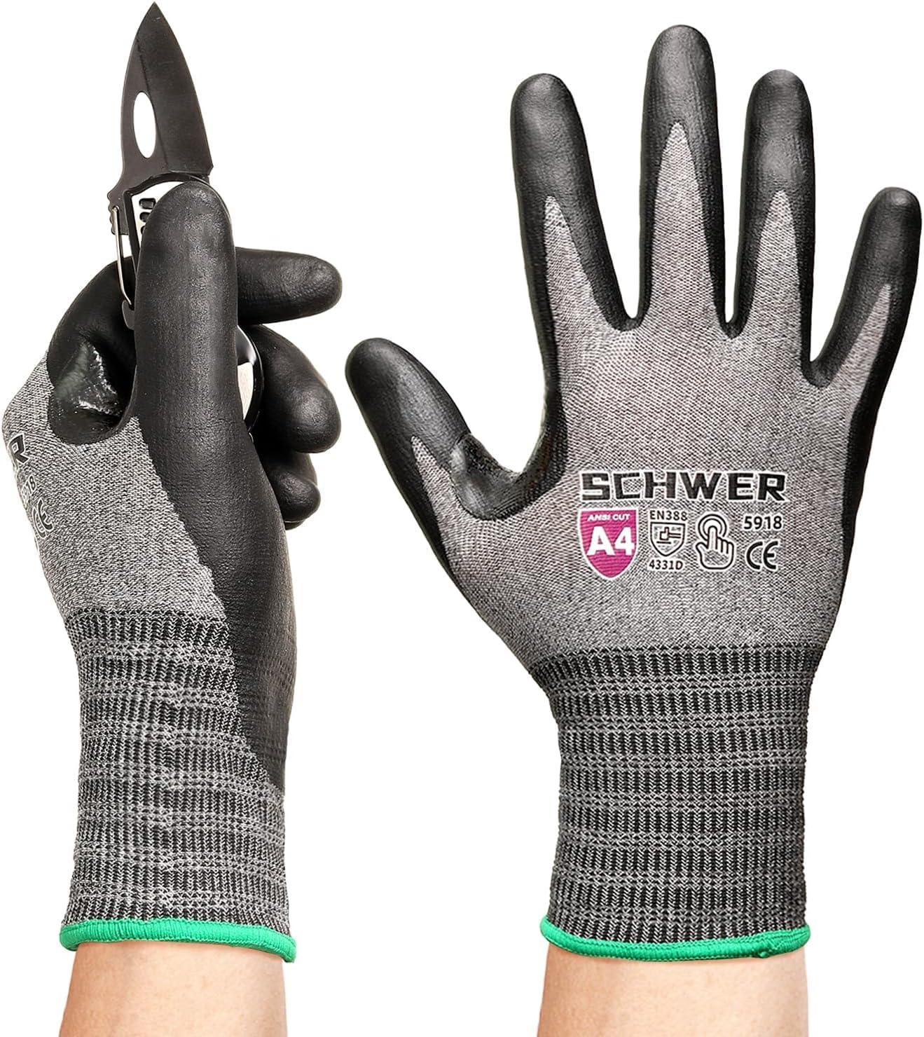 Pair of Schwer ANSI A4 cut-resistant work gloves with black grip, shown on hands, one holding a folding knife