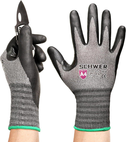 Pair of Schwer ANSI A4 cut-resistant work gloves with black grip, shown on hands, one holding a folding knife
