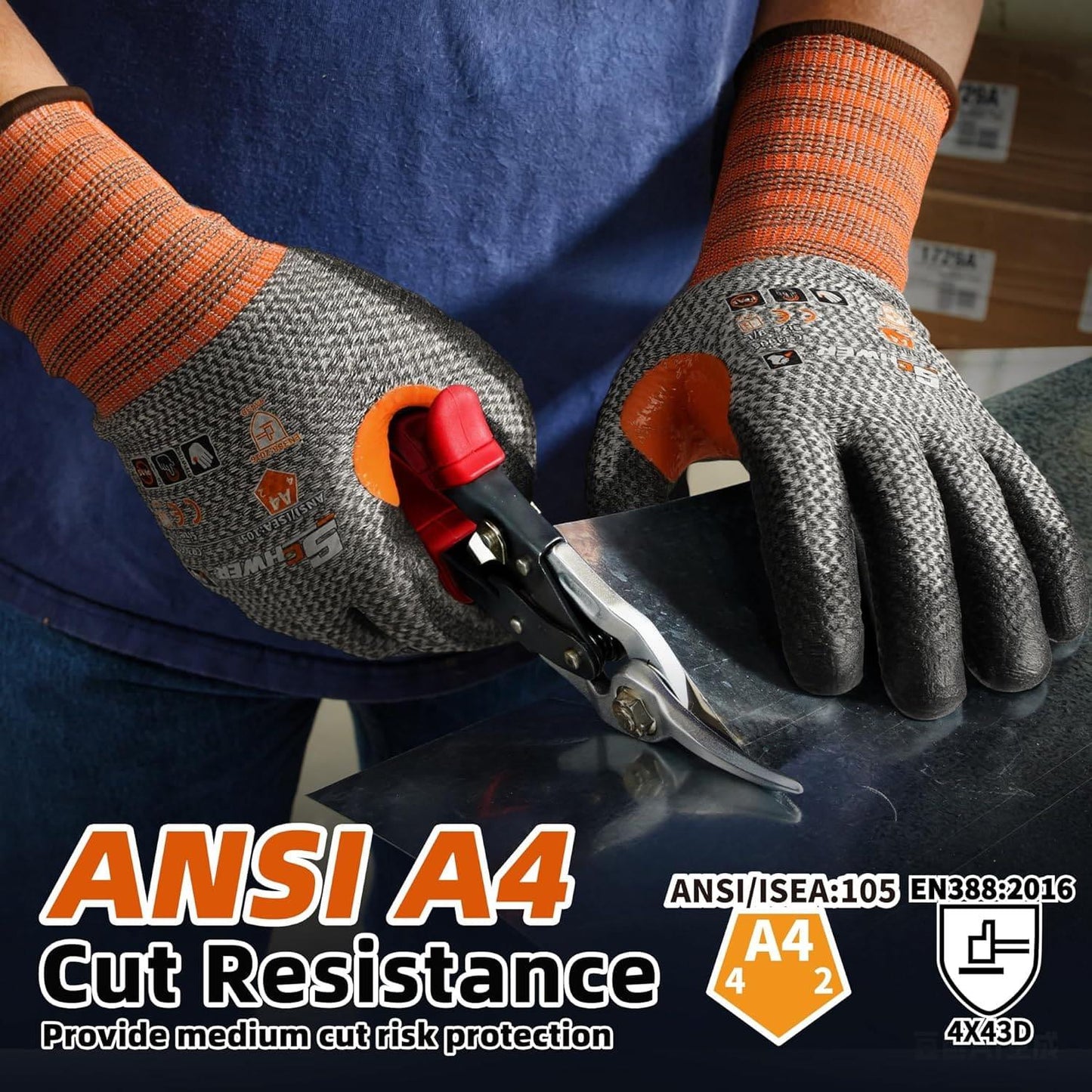 Hands wearing Schwergloves ANSI A4 cut resistant safety gloves cutting metal sheet with snips