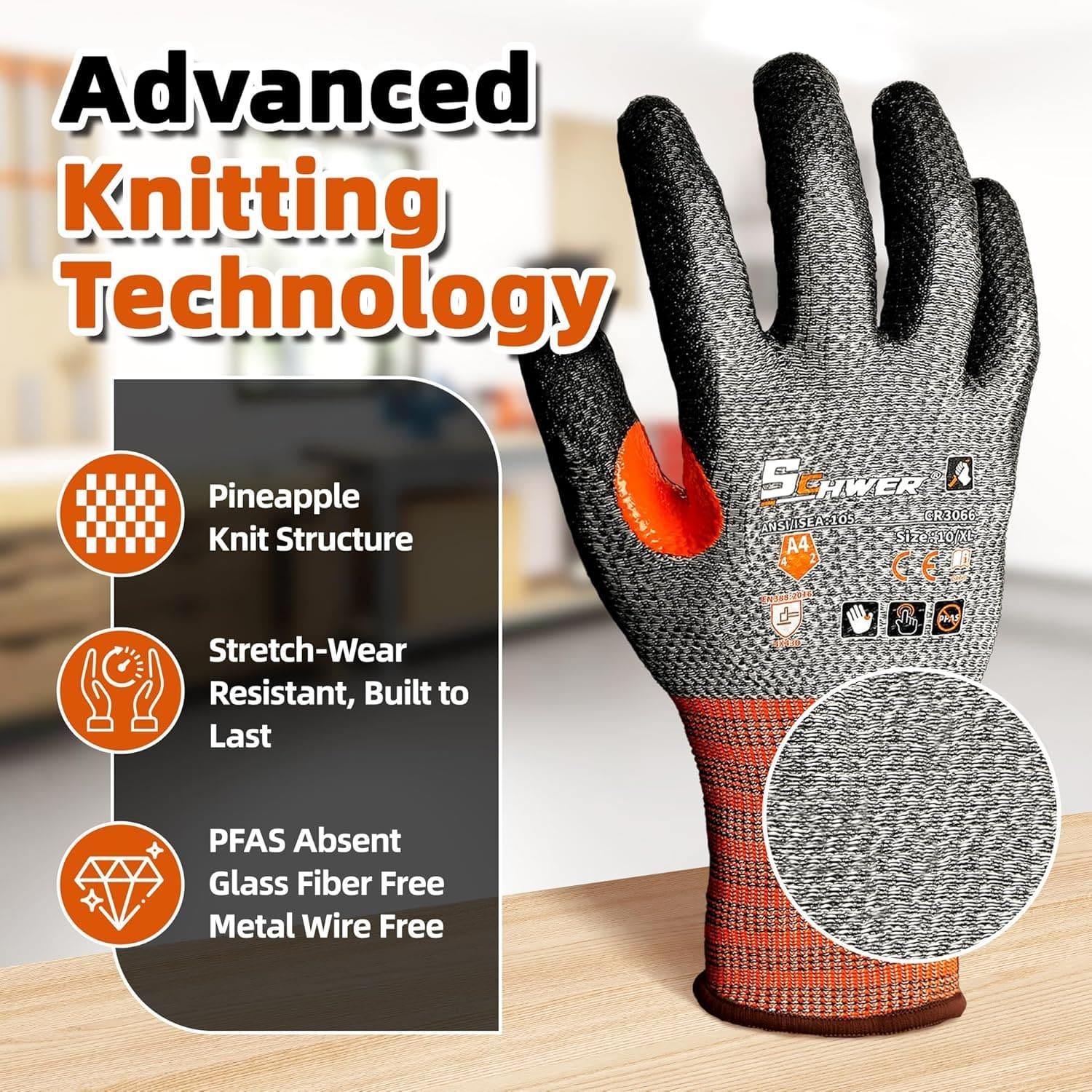 Schwer cut resistant work glove with advanced knitting technology, pineapple knit structure, orange palm grip