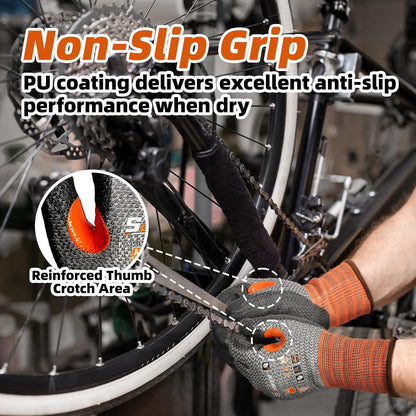 Person wearing anti-slip, PU coated work gloves with reinforced thumb area fixing a bike chain