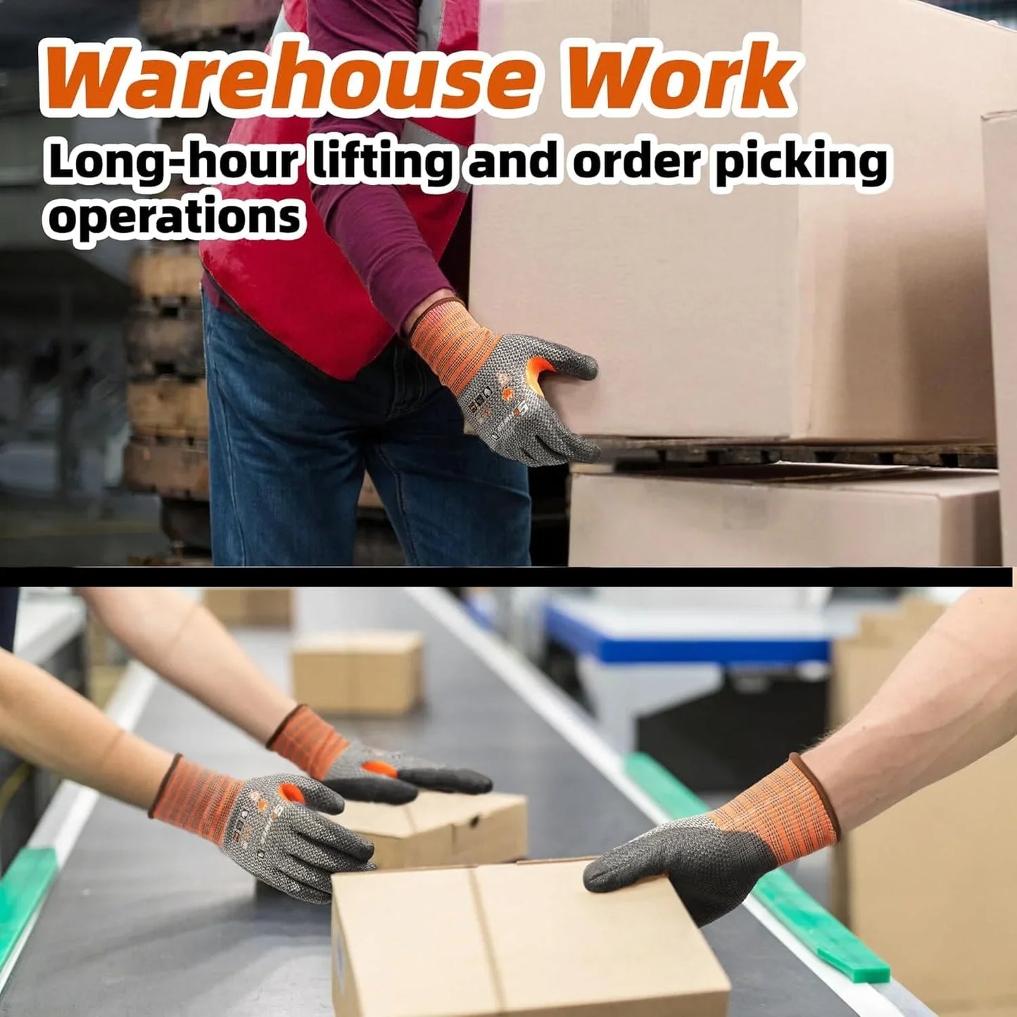 Warehouse workers wearing cut resistant gloves handling and lifting cardboard boxes during order picking operations