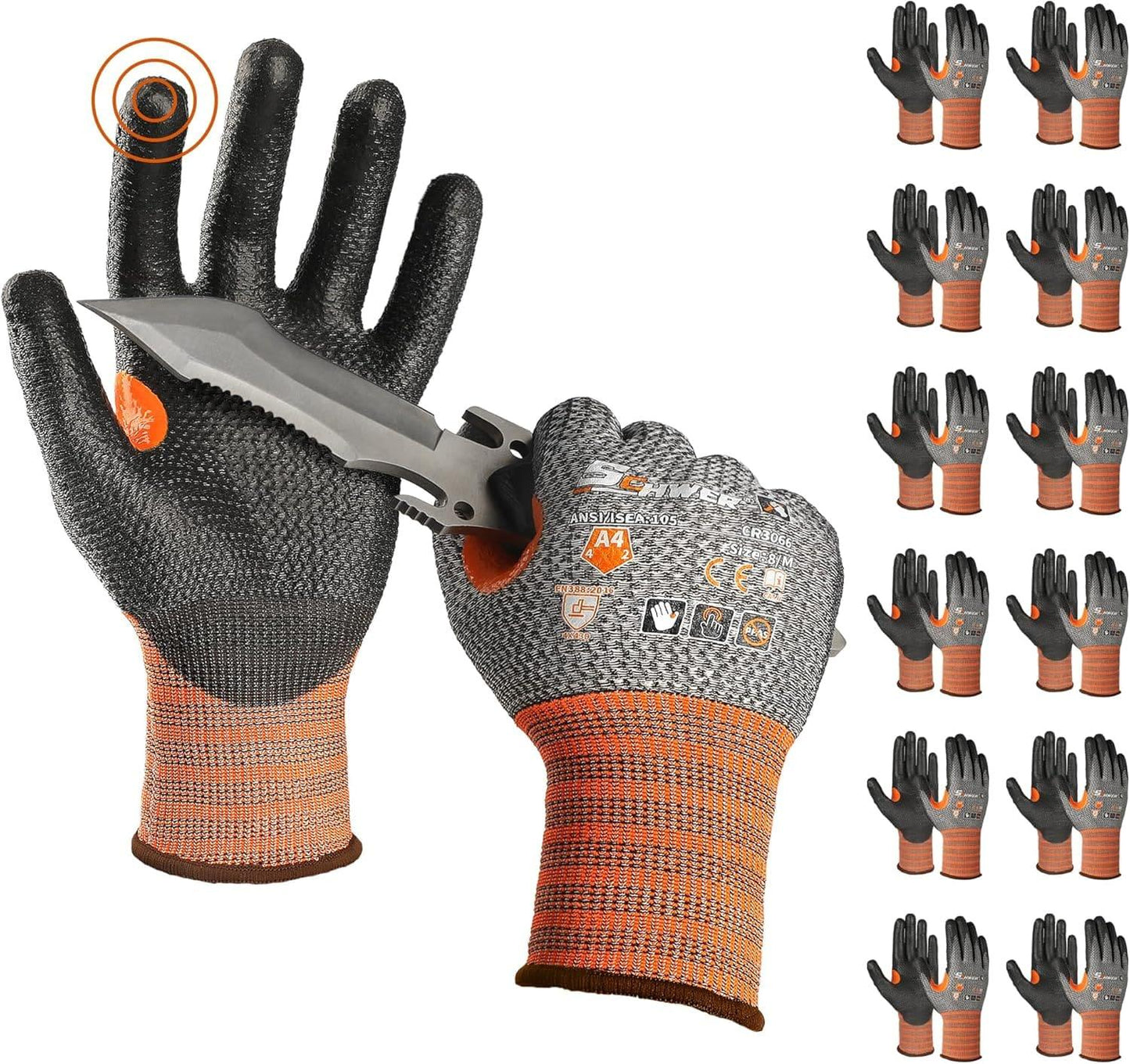 Pair of Schwer cut resistant safety gloves in gray and orange holding a sharp tactical knife