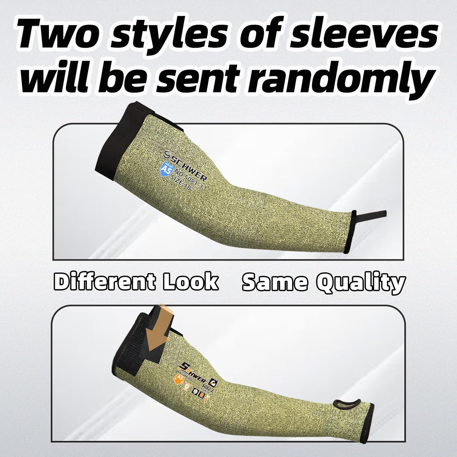 Two styles of sleeves will be sent randomly with text on a gray background