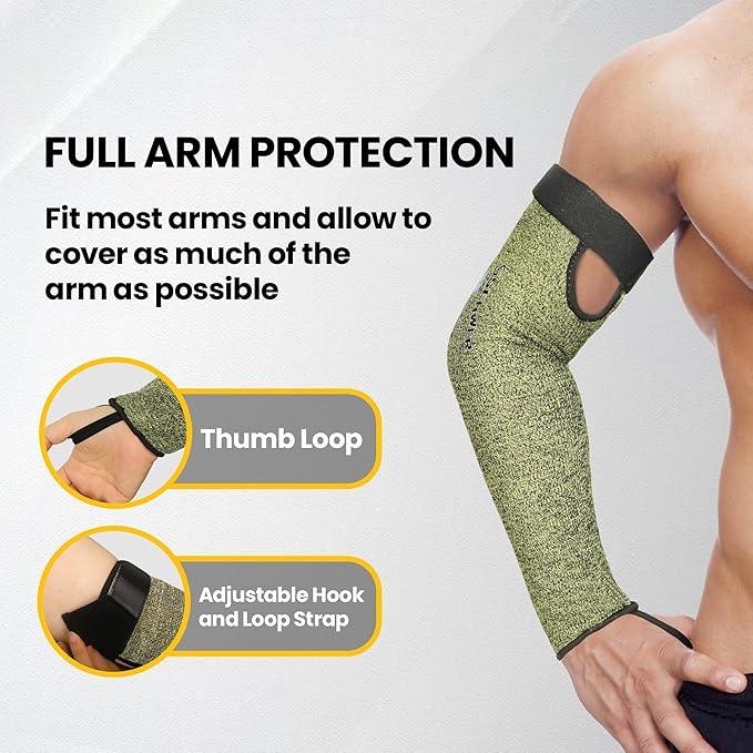 Protective cut-resistant arm sleeve with thumb loop and adjustable hook and loop strap for full arm safety