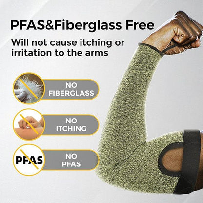 Person wearing a green protective arm sleeve highlighting PFAS and fiberglass free safety, no itching or irritation