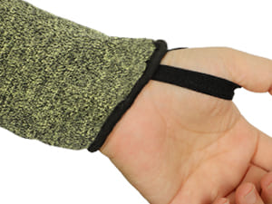 Hand wearing a black wristband on a white background