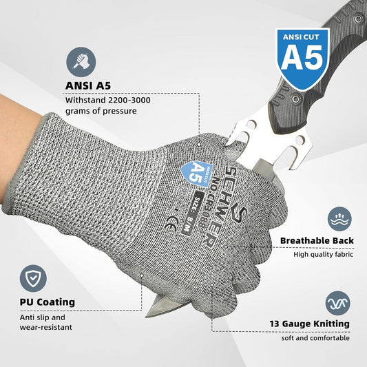 Schwergloves ANSI A5 cut resistant glove with PU coating holding a sharp knife, breathable back, 13 gauge knitting