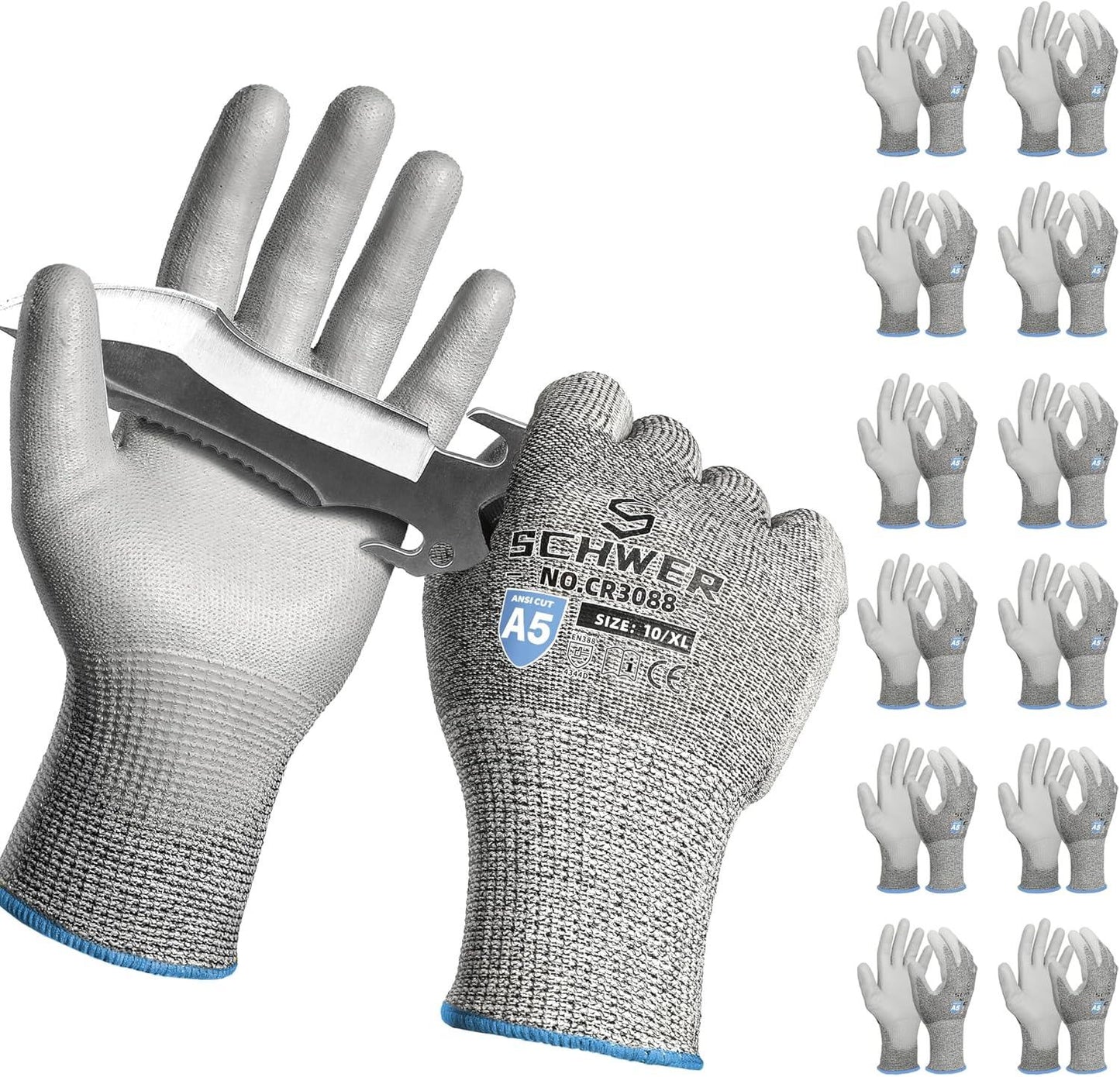 Pair of Schwer cut resistant work gloves with ANSI A5 rating holding a metal knife blade against white background